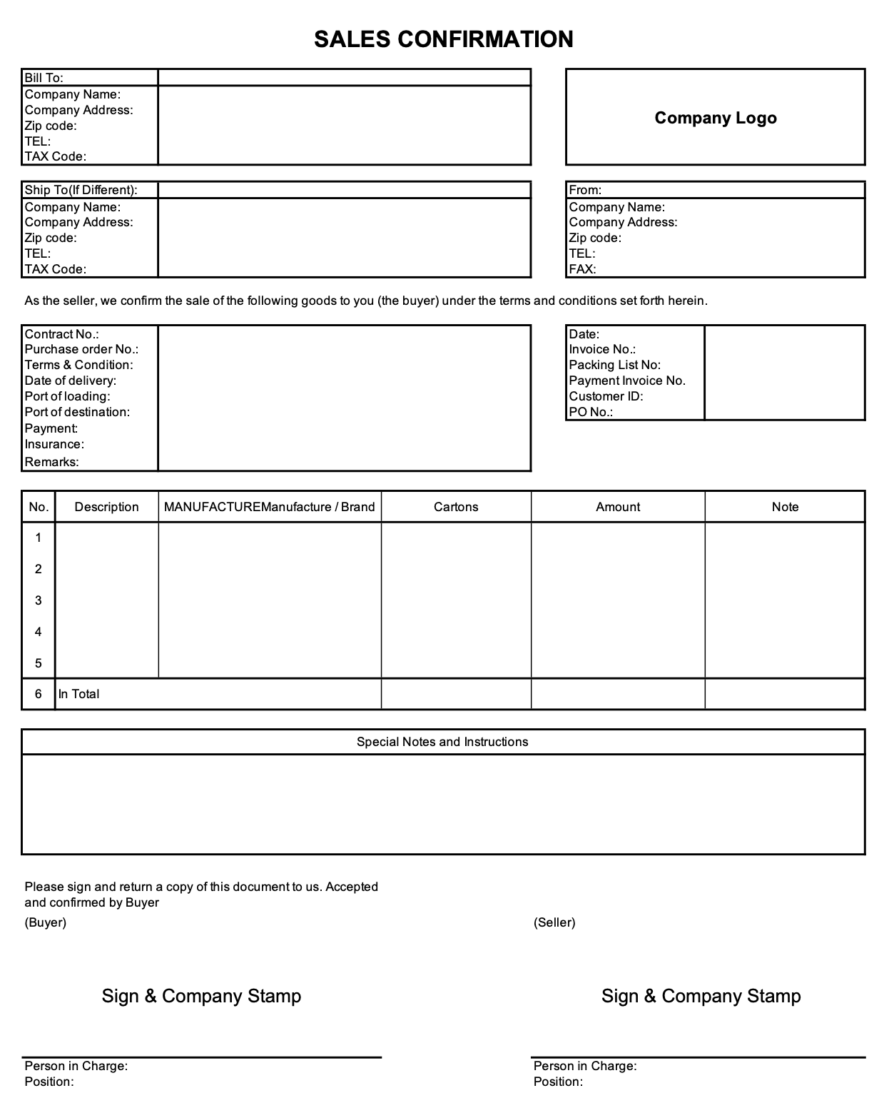 ベトナムから日本へ輸出する際の必要書類一覧_売約定確認書_Sales Confirmation